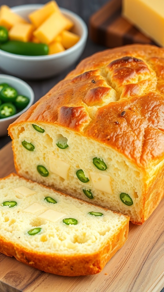 A loaf of cheddar jalapeño sandwich bread, sliced to show soft texture and cheese, on a wooden board with jalapeños and cheese in the background.